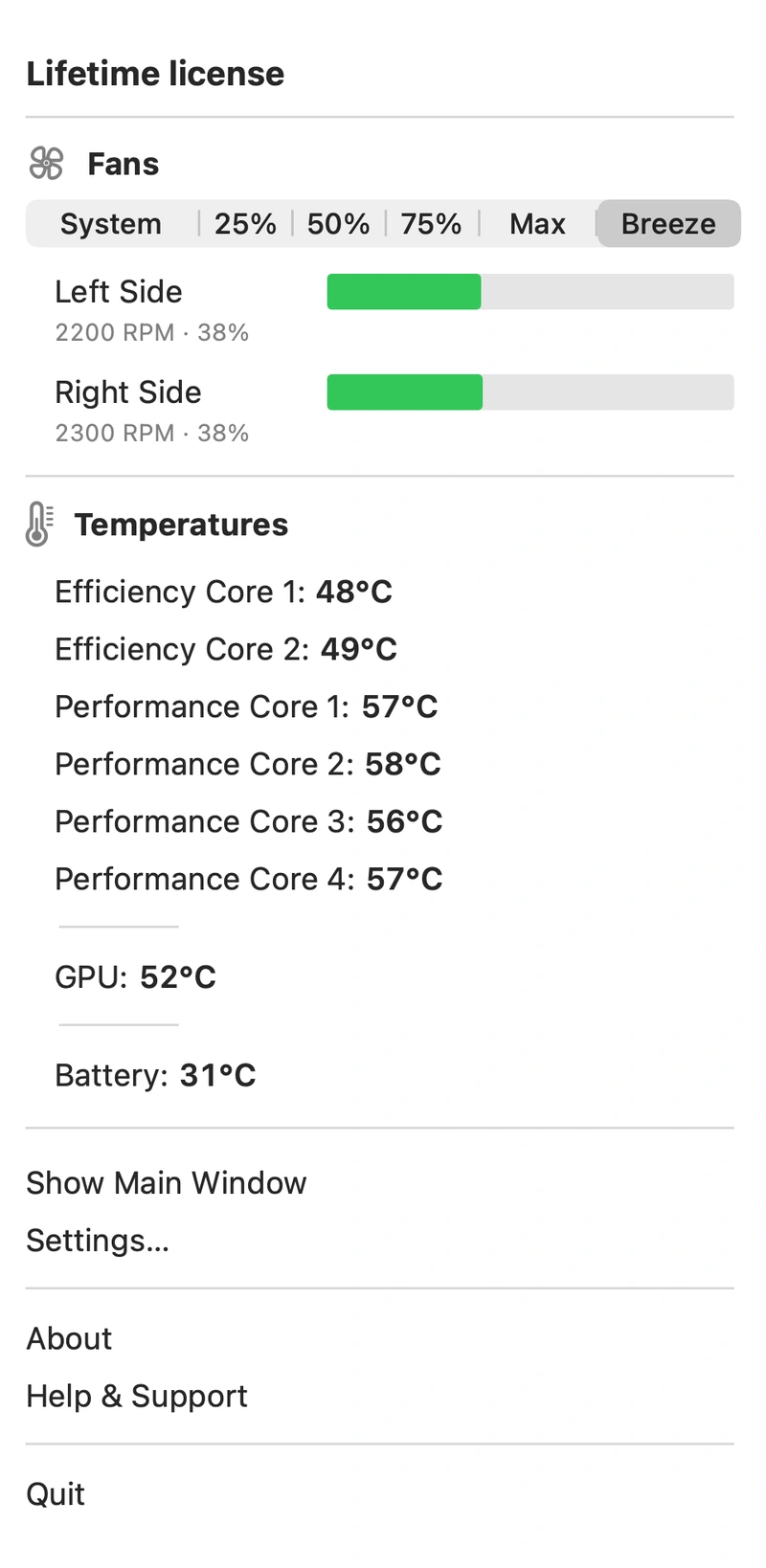 Example light-theme Breeze menu with manual modes, automation and Mac readings