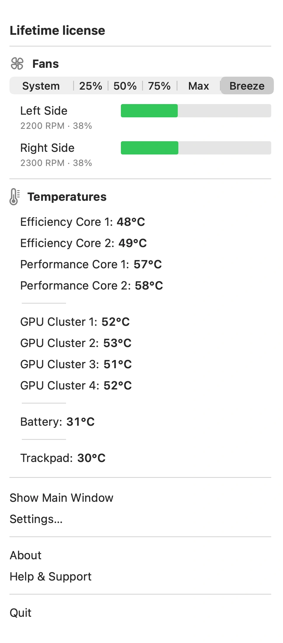 Example Breeze menu: CPU, four GPU Cluster, Battery and Trackpad temperatures, with fan mode selection