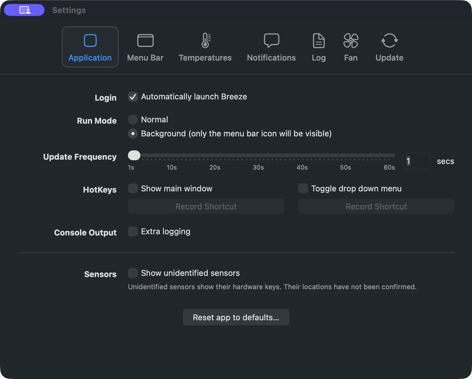 Настройки Application установленного Breeze в тёмной теме